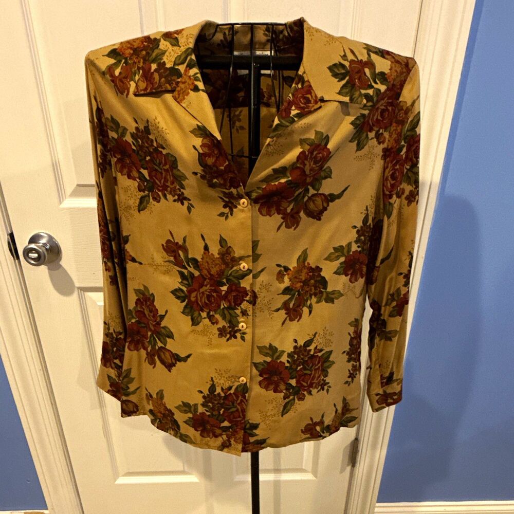 Vintage Marisa Christina Classics Floral Satin Button-Up Long Sleeve Blouse 16